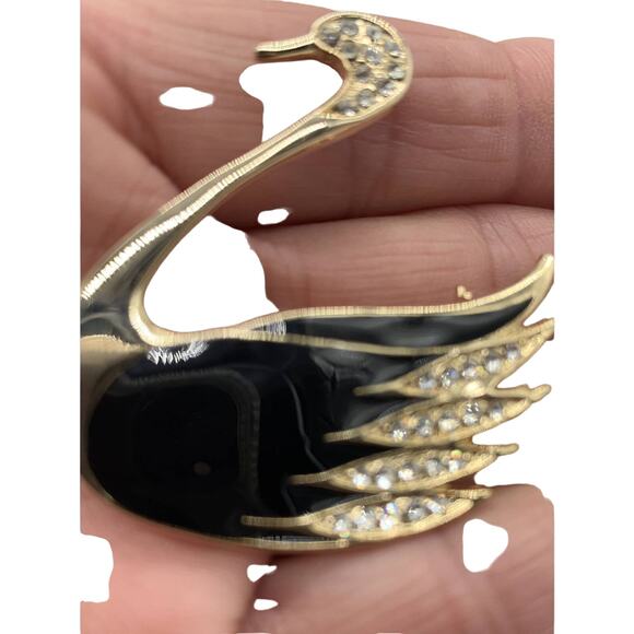 Black Enamel and Clear Crystal Stones Gold Tone Swan Brooch - Picture 4 of 4